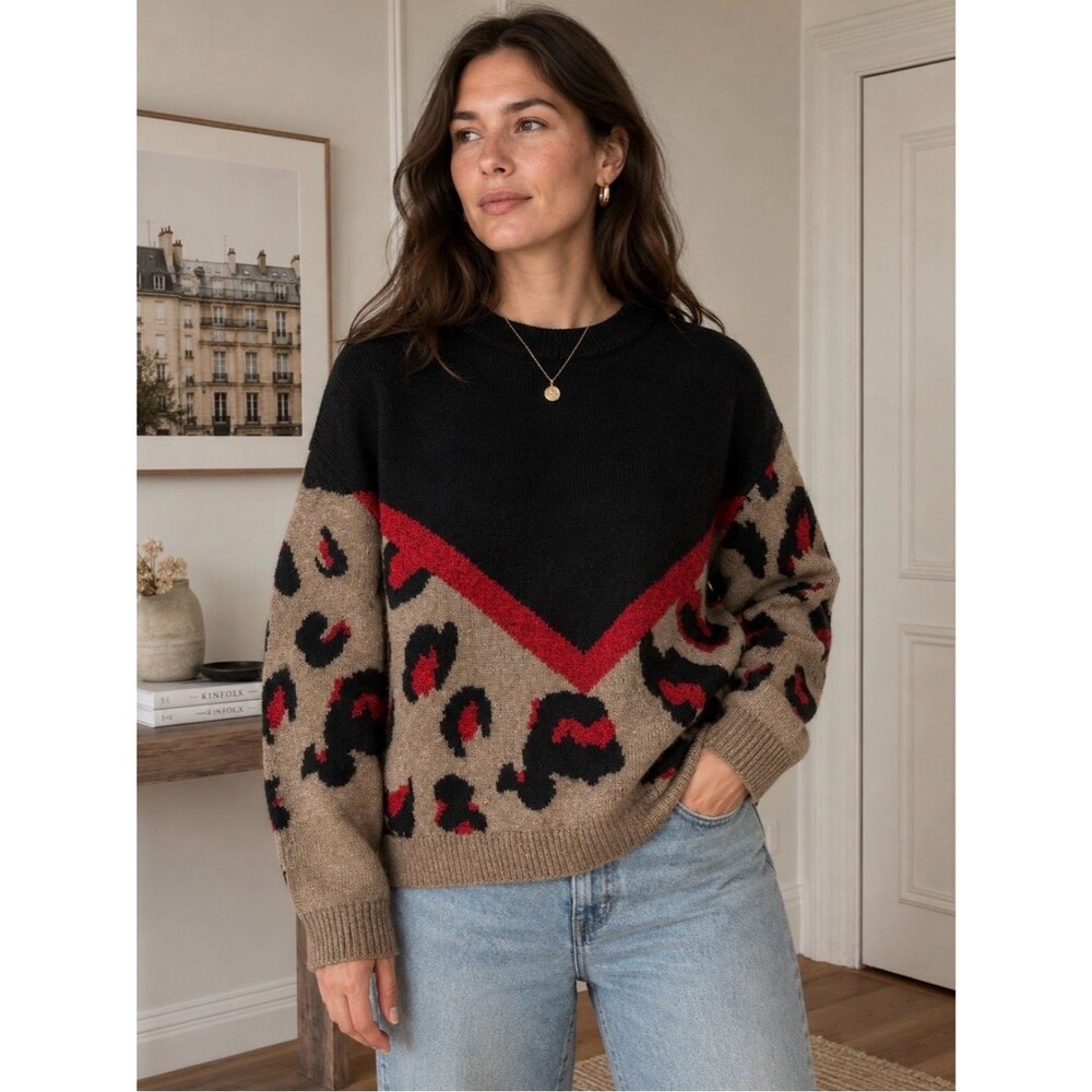 Maurices Leopard Print Sweater Red Black Tan Pullover Soft Knit Large